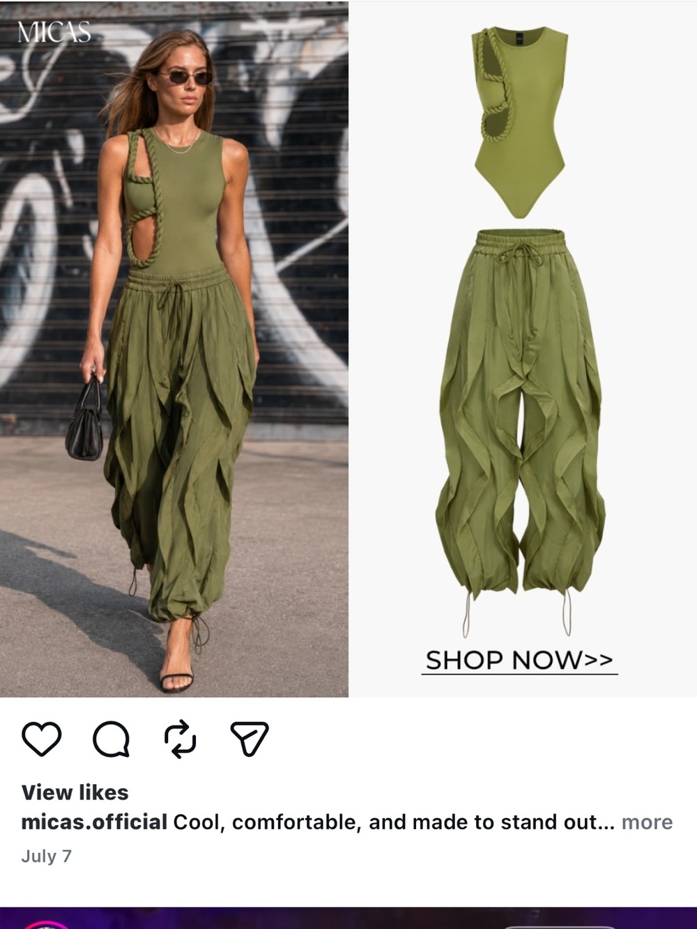 MICAS Olive Cutout Bodysuit with Wide-Leg Cargo Pants
